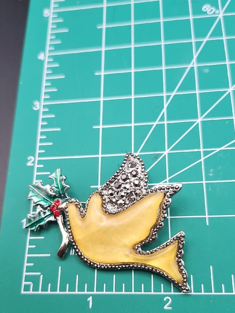 Yellow Dove Holiday Brooch with Green Holly Accent - Picture 2 of 2